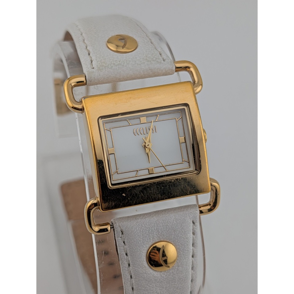 Ecclissi Women's Watch 25mm Gold Case White Leather Band- New Battery